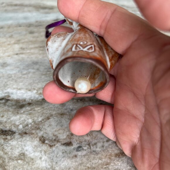 Handmade Aztec Ceramic Clay Angel Bell Ornament Art Pottery Purple Ribbon Hanger - Picture 5 of 7